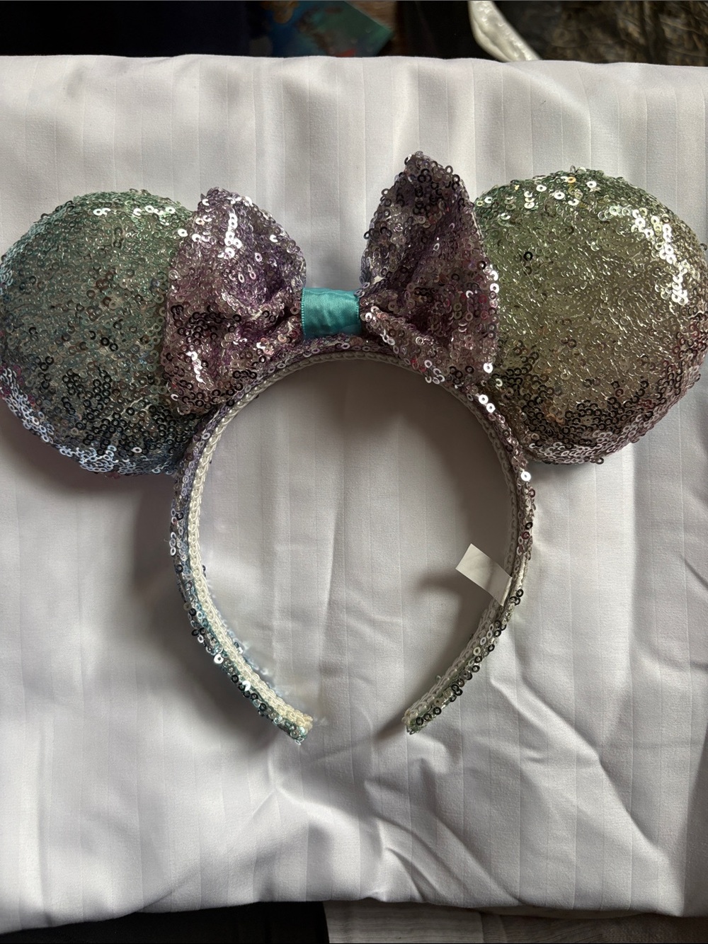 Disney Sequin Mouse Ear Headband with Lavender Bow and Iridescent Green Ears